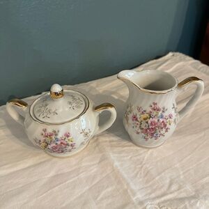 Floral Sugar Bowl and Creamer Set with Gold Accents